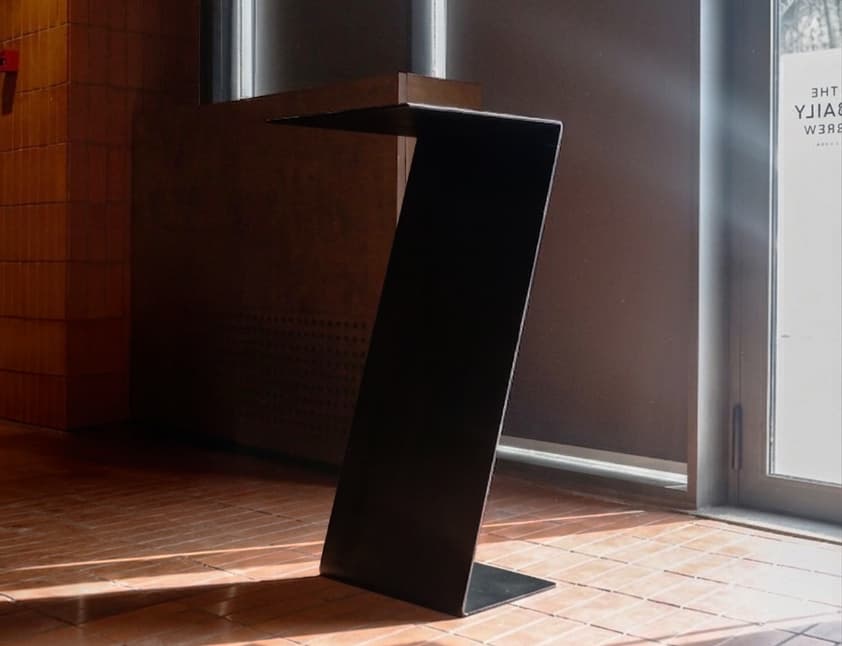 Custom z shape sculptural metal podium stool prototype fabrication Surat Gujarat — Event & Mobile Structures